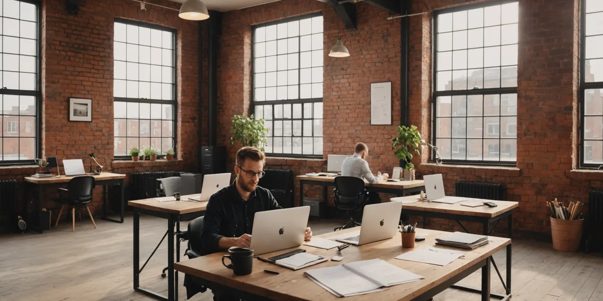 The Prolo team at work in their Manchester office, at desks with site plans and laptops