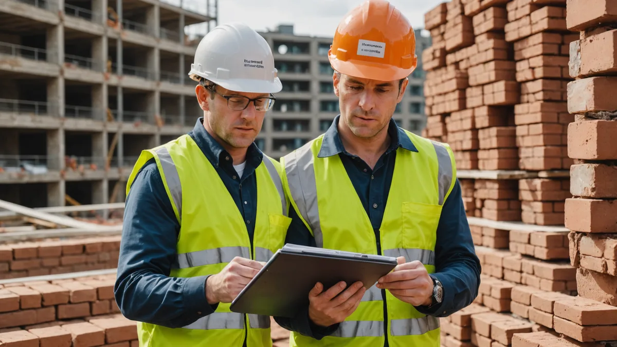 UK contractor reviewing materials on a construction site