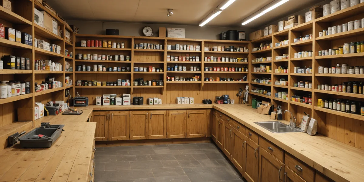 Trade counter at a UK builders merchant with stacked materials and staff serving a contractor